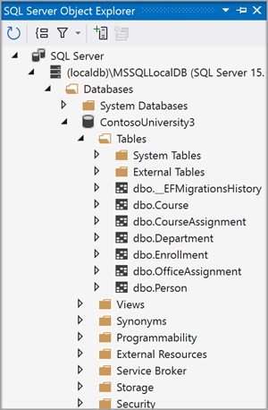 SQL Server 개체 탐색기 보여 주는 스크린샷.