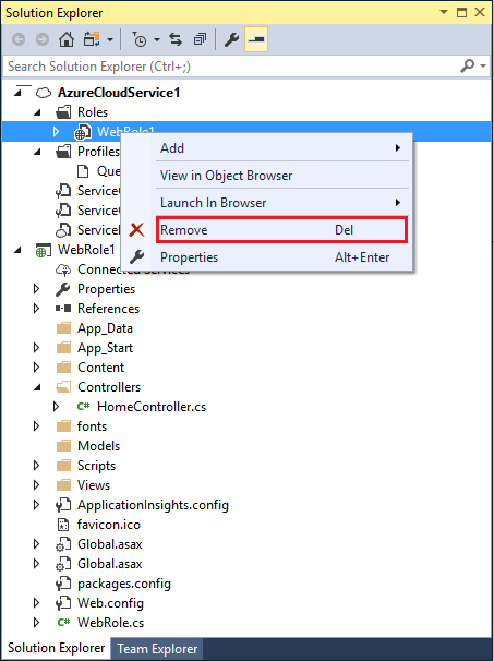 Azure Cloud Services(추가 지원) 프로젝트에 대한 역할을 제거하는 메뉴 옵션을 보여 주는 스크린샷.