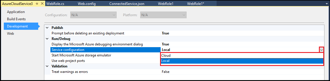 Azure Cloud Services(추가 지원) 프로젝트에 대한 서비스 구성 목록을 보여 주는 스크린샷