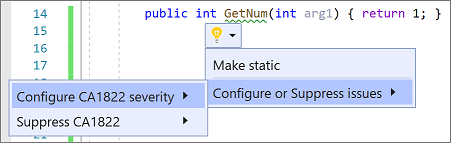 Visual Studio 2019의 전구 메뉴에서 규칙 심각도를 구성하는 방법을 보여 주는 스크린샷