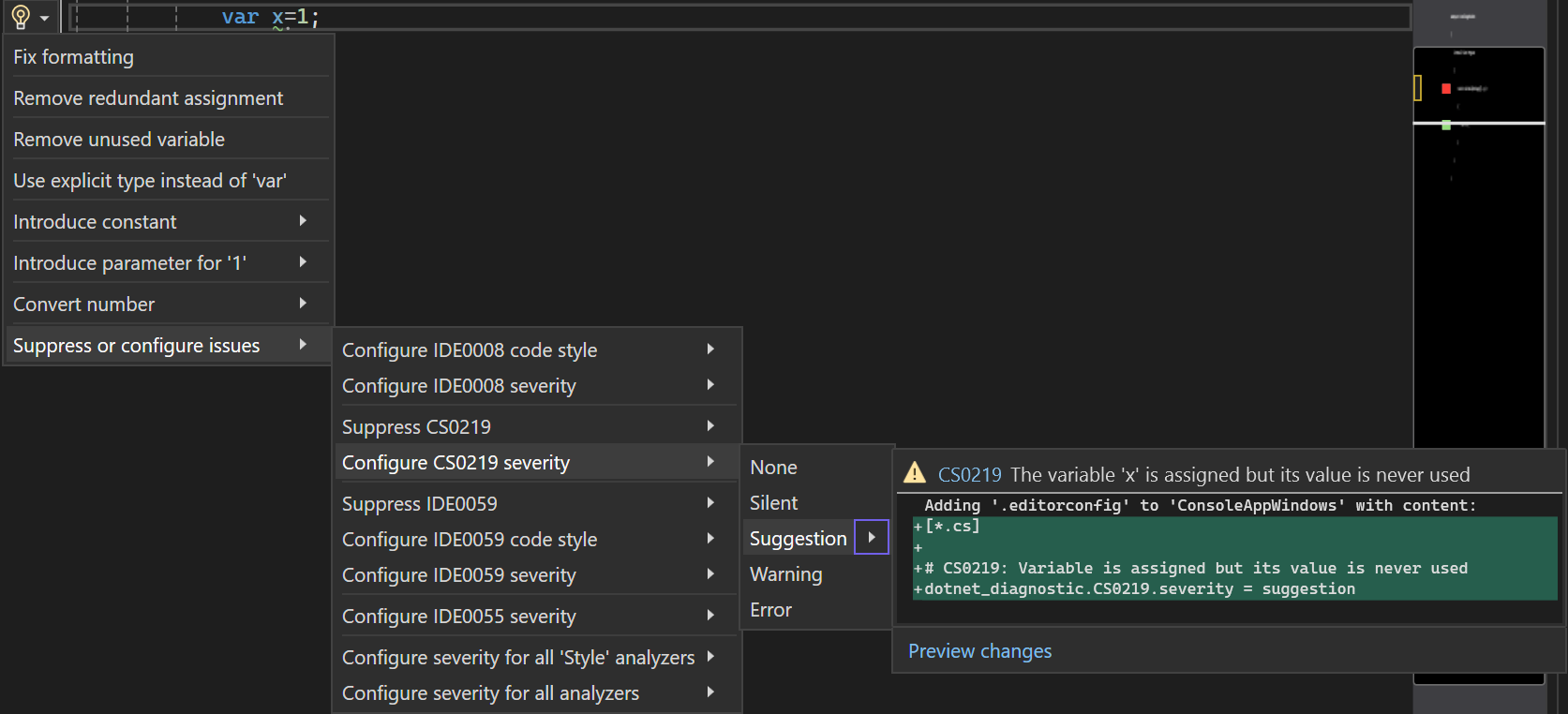 Visual Studio 2022의 메뉴에서 선택한 규칙 심각도를 보여 주는 스크린샷