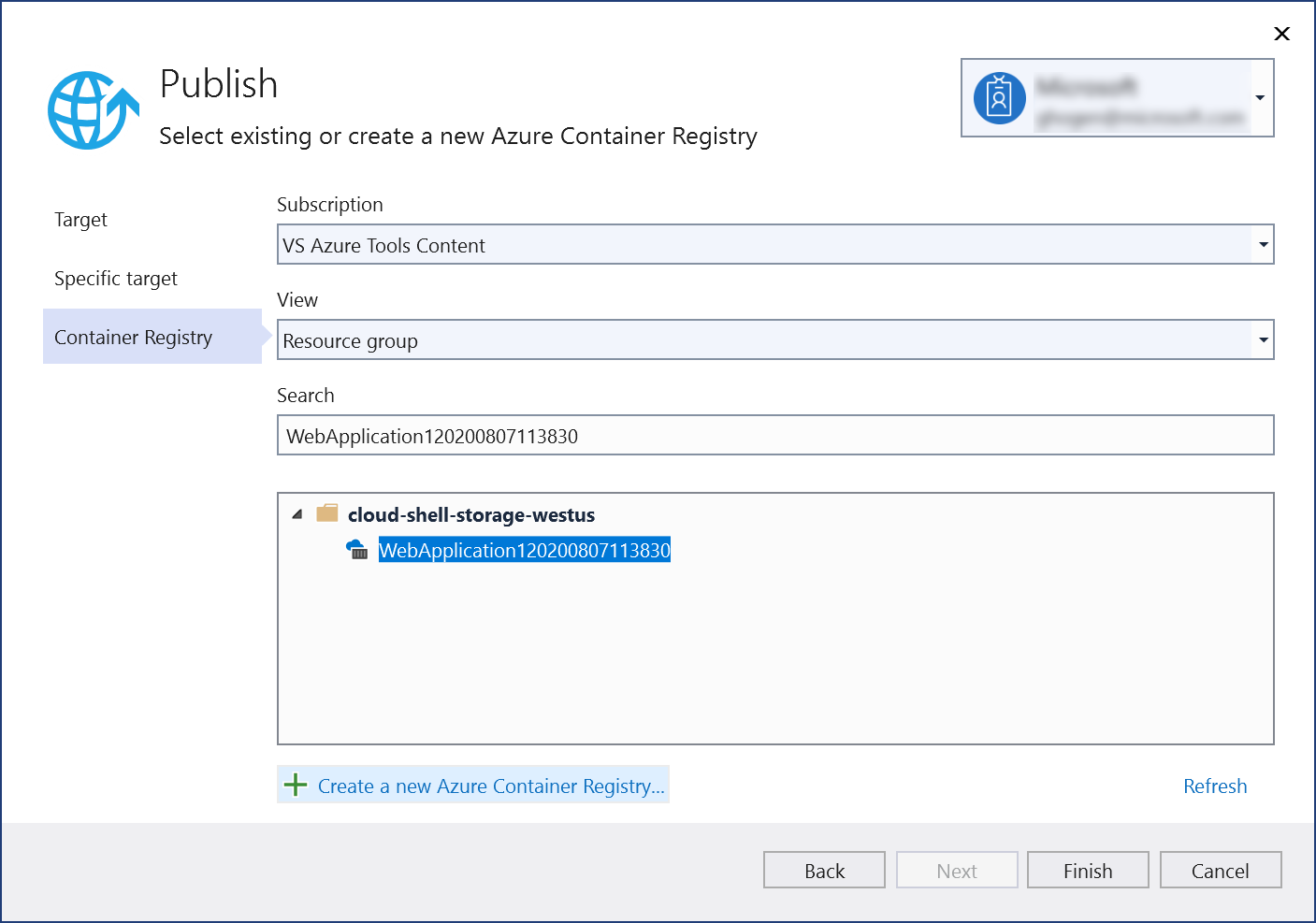 생성된 Azure Container Registry를 보여 주는 게시 대화 상자의 스크린샷