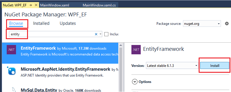 Entity Framework NuGet 패키지의 스크린샷. NuGet 패키지입니다.