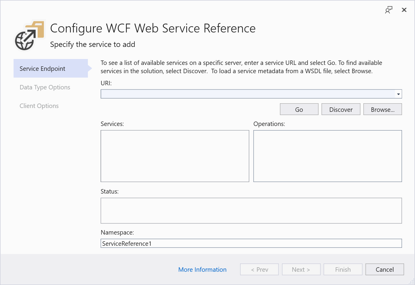 WCF Web Service 공급자 대화 상자의 스크린샷