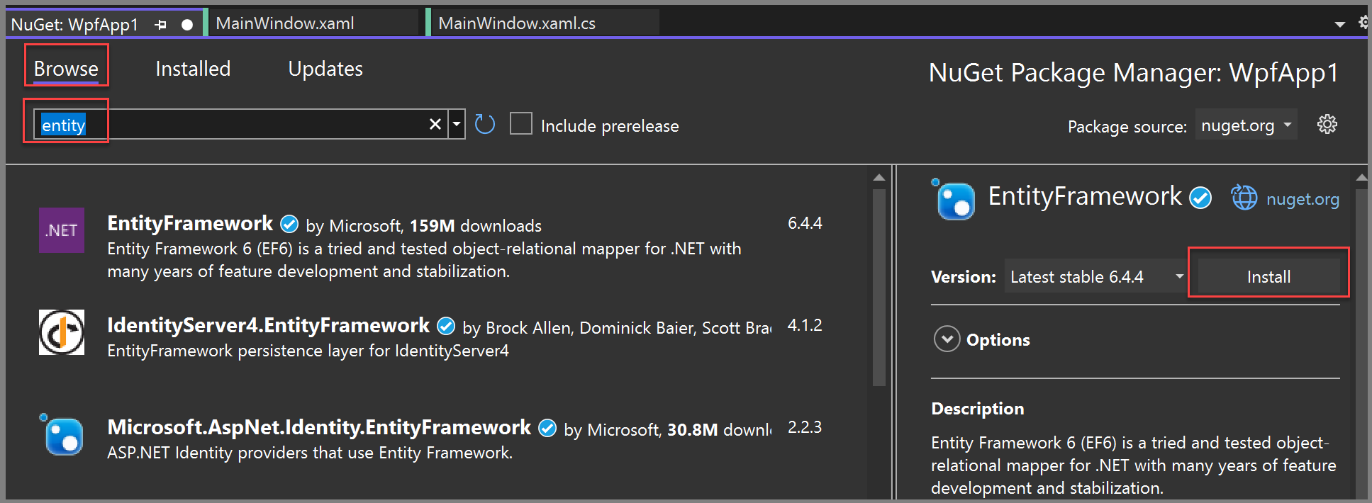 Entity Framework NuGet 패키지를 보여 주는 스크린샷.