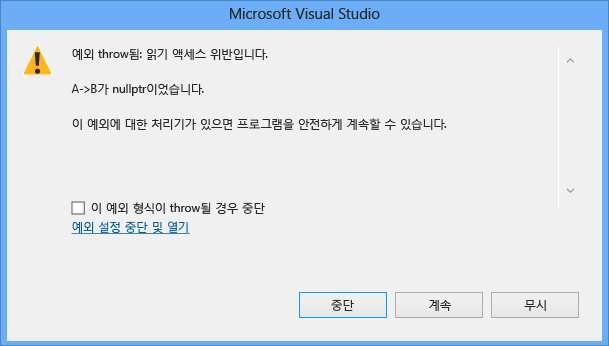 Screenshot of a Microsoft Visual Studio exception dialog, showing a read access violation for 'A->B was nullptr'. The Break button is selected.