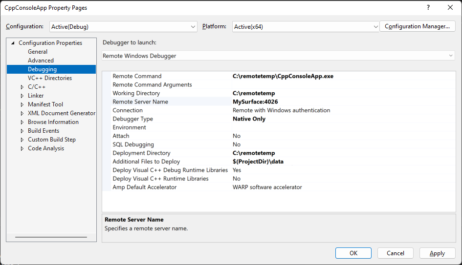 Visual Studio 솔루션 탐색기 속성의 디버깅 탭의 스크린샷. 시작할 디버거 속성은 원격 Windows 디버거로 설정됩니다.