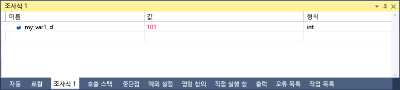 Screenshot of the Visual Studio Watch window with one line that shows my_var1, d with a value of 101 and a type of int.