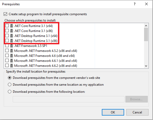 필수 구성 요소 대화 상자의 .NET Core 항목