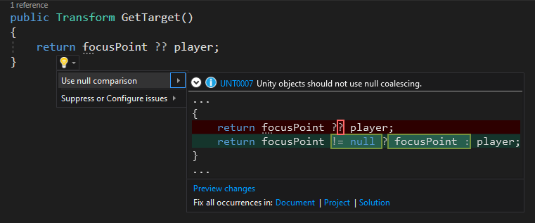 CompareTag와 Visual Studio 리팩터링 문자열 비교의 스크린샷.