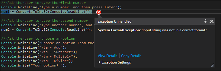 Visual Studio 코드 편집기에서 처리되지 않은 형식 오류를 보여 주는 스크린샷