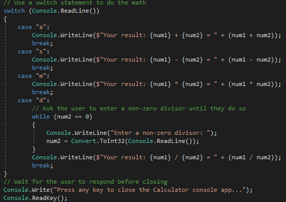 Visual Studio 코드 편집기에서 수정된 스위치 섹션을 보여 주는 스크린샷