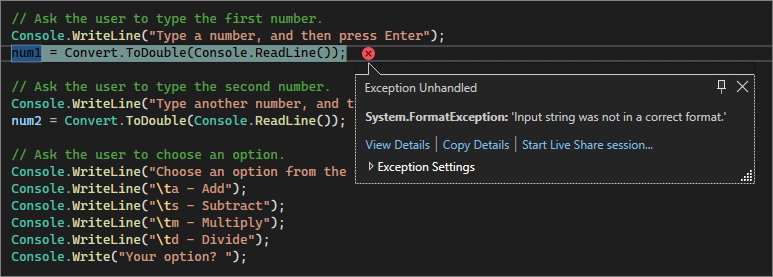 Visual Studio 코드 편집기에서 처리되지 않은 형식 오류를 보여 주는 스크린샷