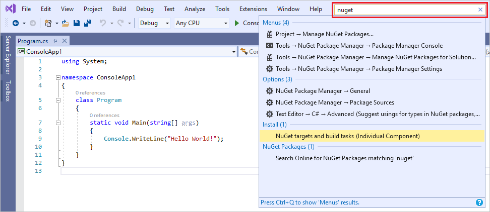 Visual Studio 2019에서 빠른 실행 검색 상자를 보여 주는 스크린샷.