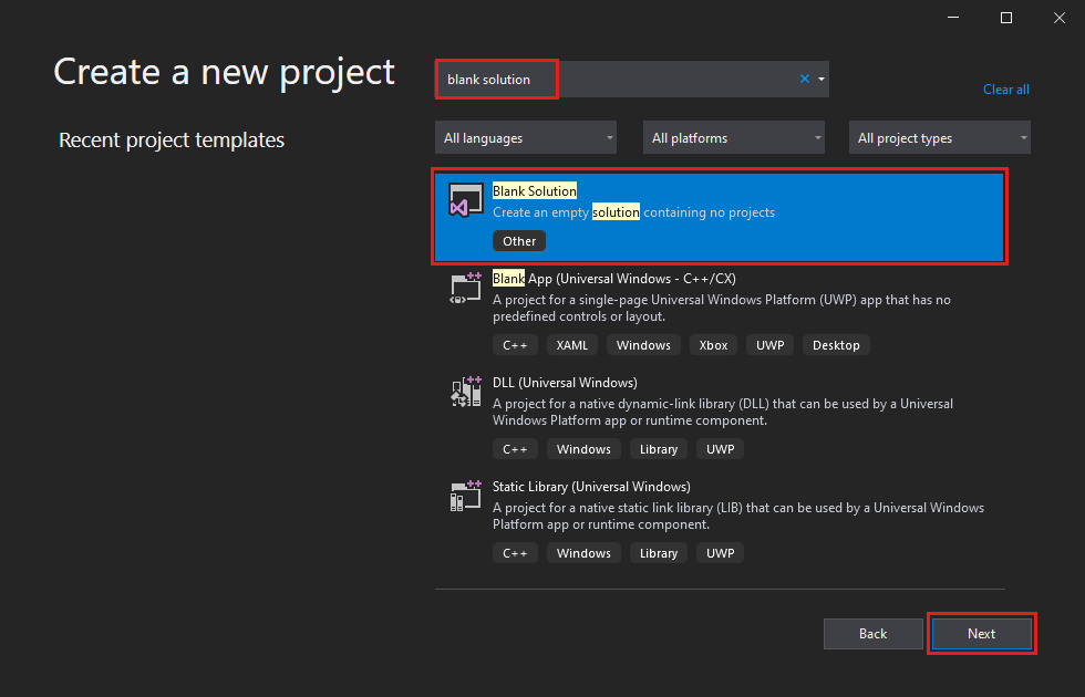 Screenshot showing the Create a new project window with 'blank solution' in the search box and the Blank Solution project template selected.