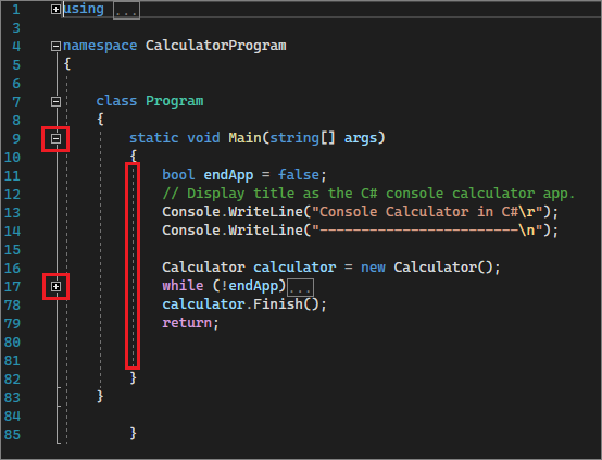 빨간색 상자가 있는 Visual Studio IDE를 보여 주는 스크린샷.