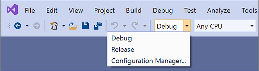 Visual Studio 2019의 빌드 구성 선택기