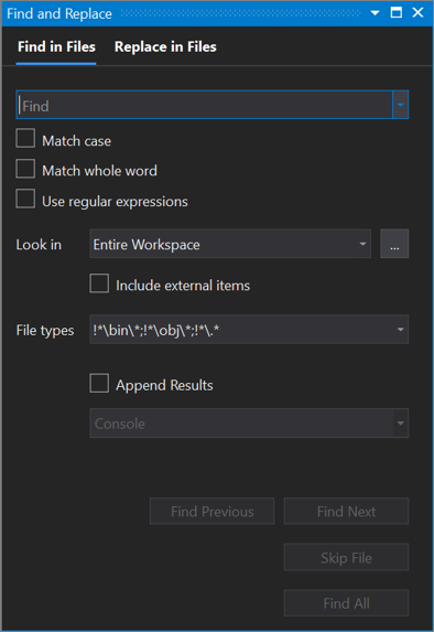 Visual Studio 2019에서 파일에서 찾기 탭이 열려 있는 상태의 찾기 및 바꾸기 대화 상자 스크린샷