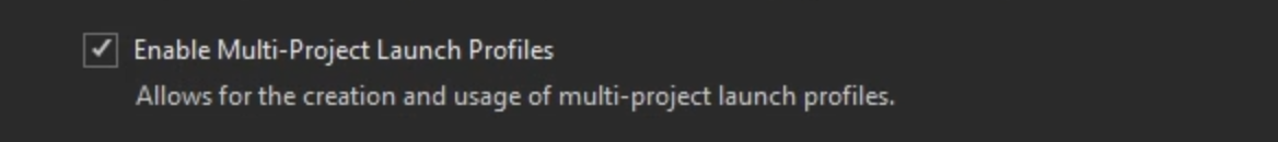 도구 옵션 대화 상자에서 다중 프로젝트 시작 프로필을 사용하도록 설정하는 옵션을 보여 주는 스크린샷