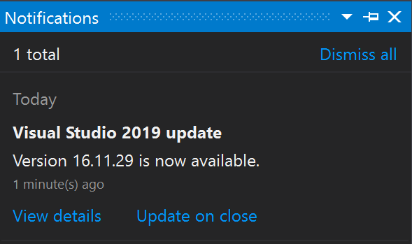 Visual Studio 2019의 알림 허브 스크린샷