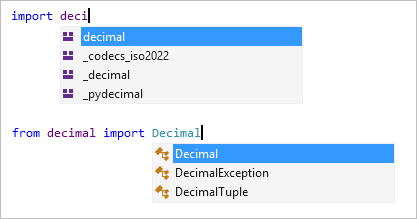 Visual Studio 편집기에서 가져오기 및 가져오기 완료를 보여 주는 스크린샷.