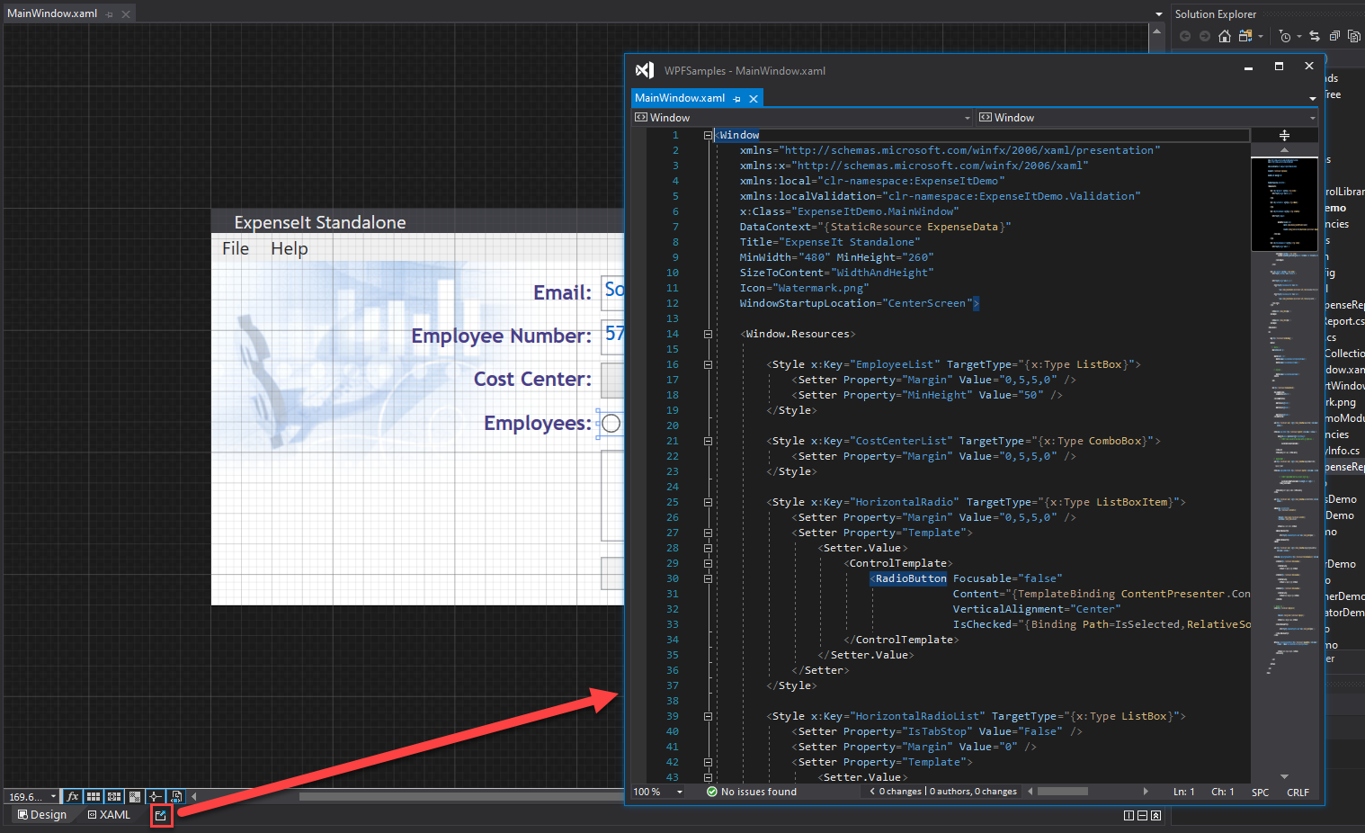 XAML 코드 창 표시