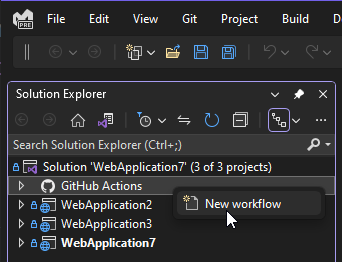 솔루션 탐색기 새 GitHub Actions 워크플로 만들기