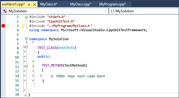 스크린샷은 Visual Studio 2019의 TEST_CLASS 및 TEST_METHOD 매크로를 사용하는 스텁 클래스와 메서드를 보여줍니다.