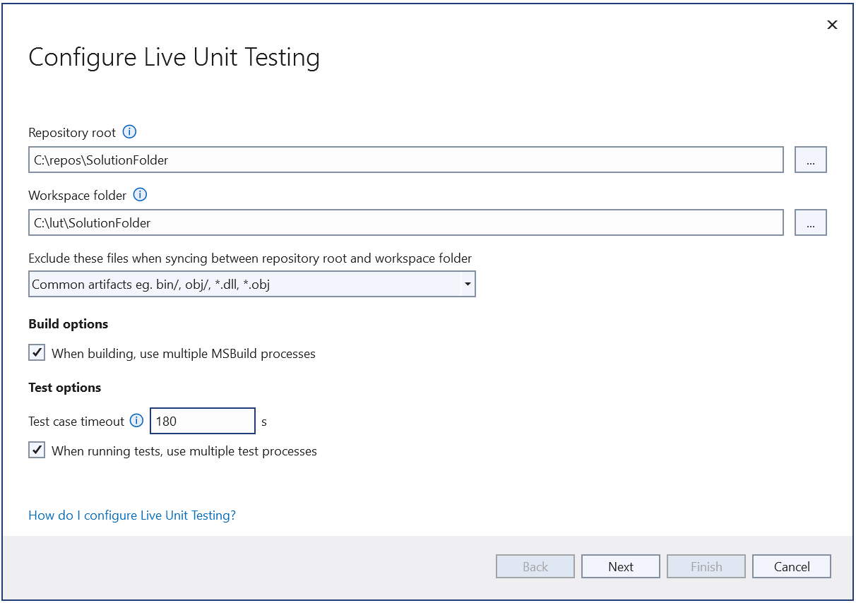 Live Unit Testing 구성 마법사 페이지 1을 보여주는 스크린샷.