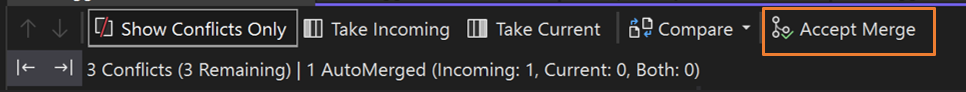 Visual Studio 2022의 병합 수락 작업의 스크린샷
