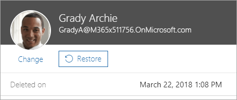 Microsoft 365 관리에서 사용자를 복원하는 명령을 보여 주는 스크린샷