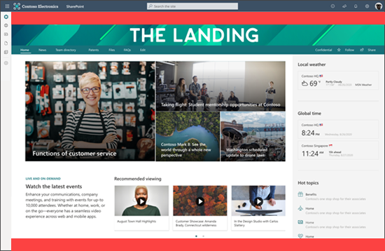 사용자 지정이 있는 SharePoint 홈 사이트의 스크린샷