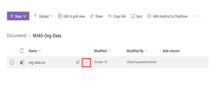 SharePoint 라이브러리의 파일 옆에 있는 타원 옵션을 보여 주는 스크린샷 