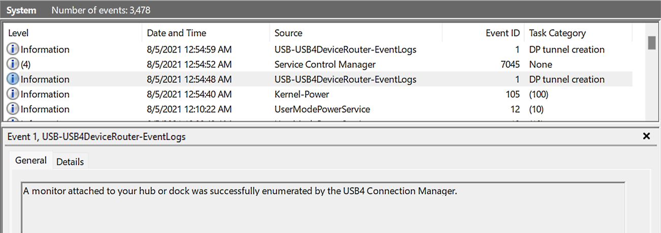 연결 관리자가 디스플레이 터널을 성공적으로 열거했음을 나타내는 Windows 이벤트 로그 항목의 스크린샷.