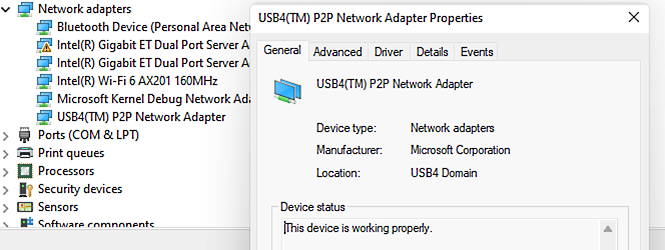 Windows Device Manager의 USB4 P2P 네트워크 어댑터 속성 스크린샷.