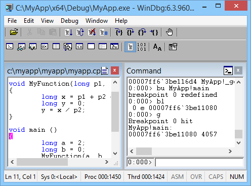 WinDbg에 표시되는 소스 코드의 스크린샷