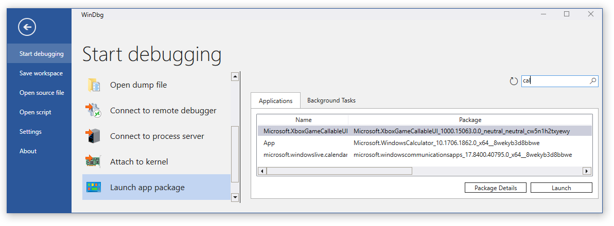검색 상자에 'cal'이 있고 3개의 앱이 나열된 WinDbg의 앱 패키지 애플리케이션 시작 탭 스크린샷