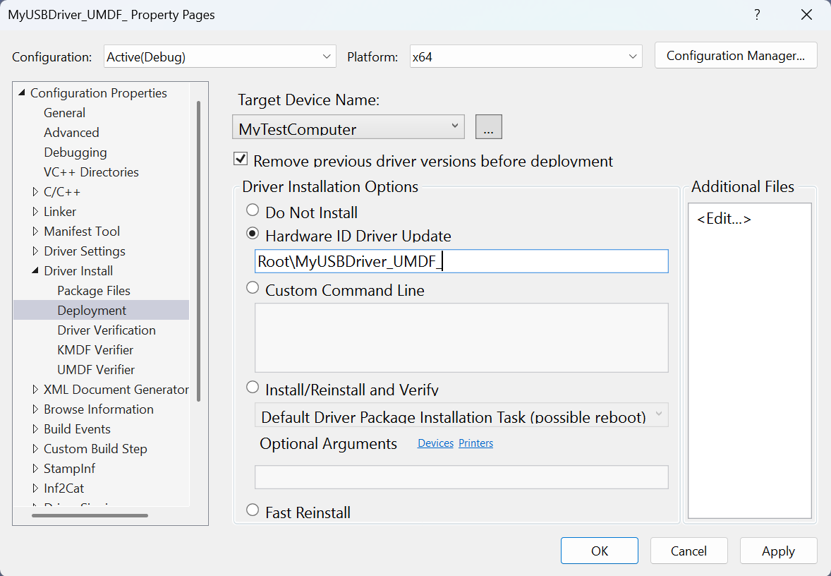 Visual Studio 2022 속성 페이지 창의 스크린샷