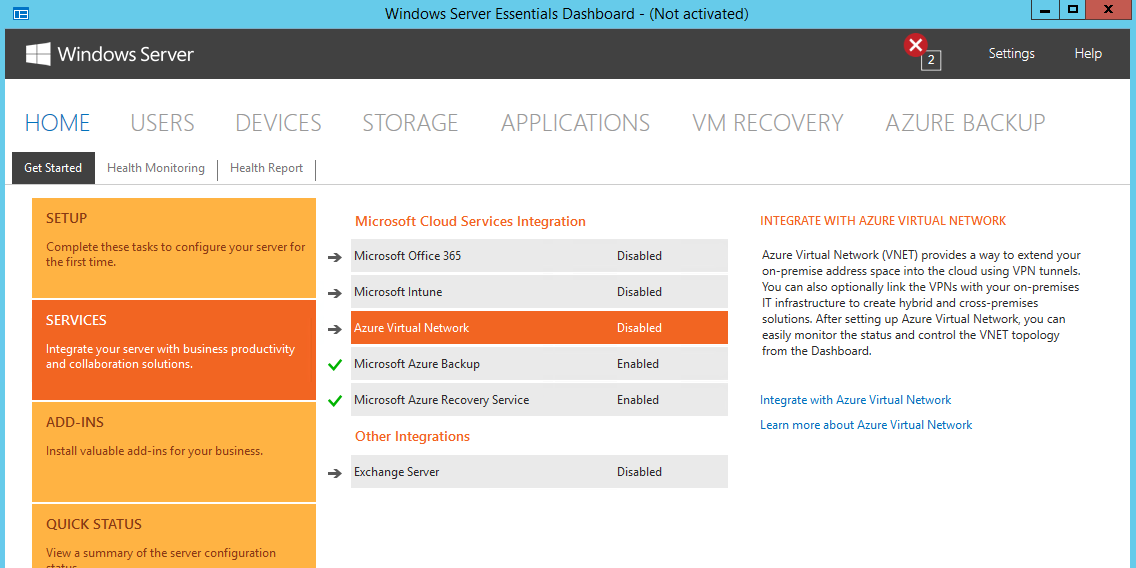 Windows Server Essentials 대시보드의 홈 페이지에 있는 시작 탭을 보여 주는 스크린샷. 시작 탭에서 서비스 섹션이 선택되었으며, 대시보드는 Microsoft 클라우드 서비스 통합 아래에서 Azure 가상 네트워크가 현재 사용하지 않도록 설정되어 있음을 나타냅니다.