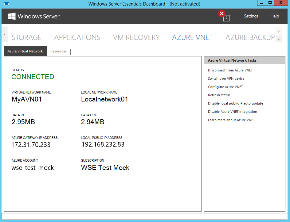 Windows Server Essentials 대시보드의 Azure VNet 페이지를 보여 주는 스크린샷. Azure 가상 네트워크 탭이 선택되고 상태가 연결된 것으로 표시되고 이 상태 정보 아래에 가상 네트워크의 세부 정보가 표시됩니다.