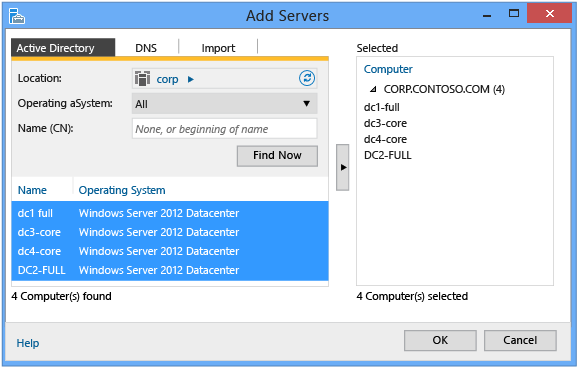 Add Servers(서버 추가) 대화 상자의 Active Directory 탭을 보여 주는 스크린샷