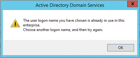 선택한 로그온 이름이 이미 사용 중이라는 메시지가 표시된 스크린샷.