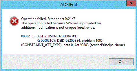 중복 SPN 추가가 차단될 때 ADSIEdit에 표시되는 오류 메시지를 보여 주는 스크린샷.