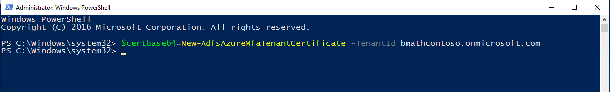 New-AdfsAzureMfaTenantCertificate의 출력을 보여 주는 Powershell 창의 스크린샷.