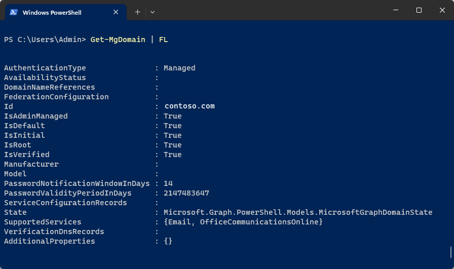 Get-MgDomain 명령의 결과를 보여 주는 PowerShell 창의 스크린샷