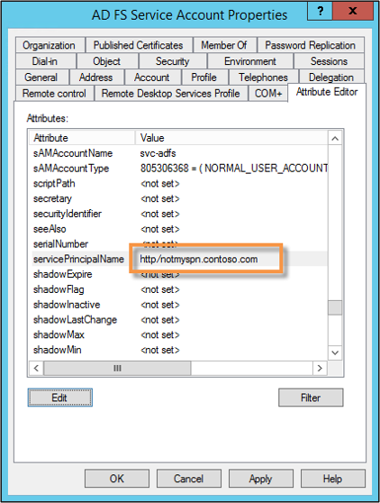 호출된 서비스 주체 이름 값을 보여 주는 A D F S 서비스 계정 속성 대화 상자의 특성 편집기 탭 스크린샷 