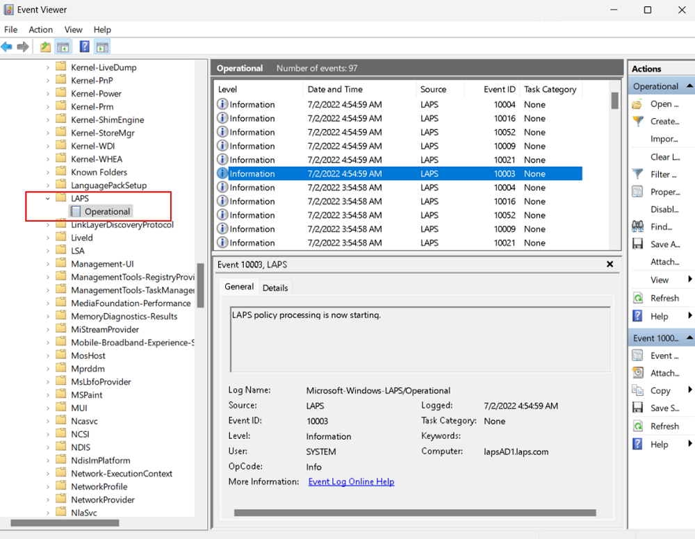 이벤트 로그 및 Windows LAPS 정책 처리 시작 이벤트 로그 메시지의 스크린샷