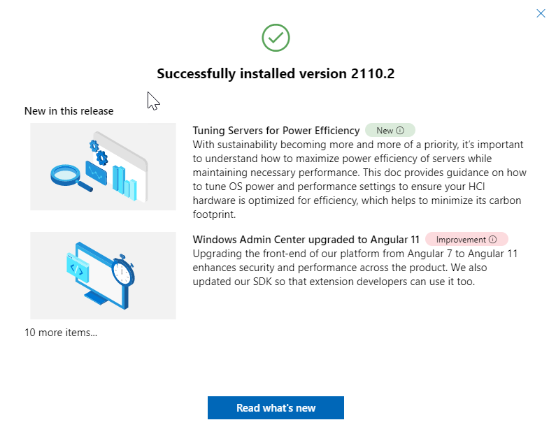 Windows Admin Center가 성공적으로 설치되었음을 보여 주는 메시지의 스크린샷.