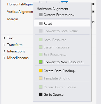 Visual Studio 속성 다시 설정 메뉴 옵션