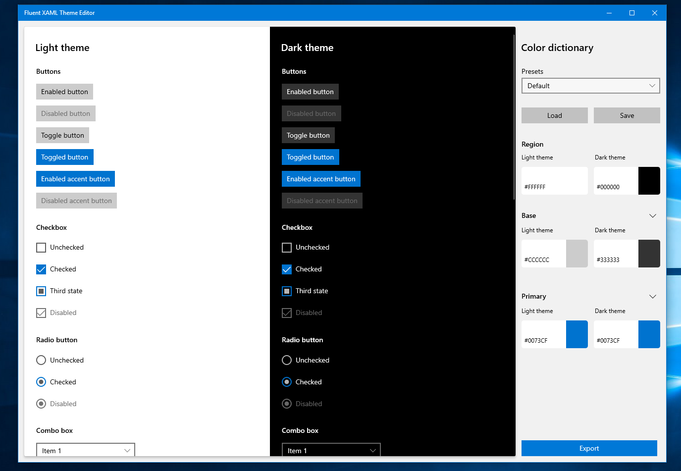 Fluent XAML 테마 편집기 이미지의 스크린샷